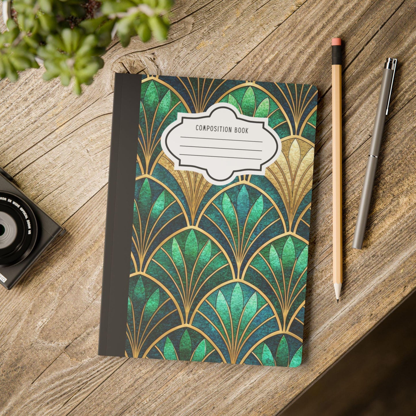 ColorFlow | Emerald Art Deco Composition Notebook | Elegant Green Gold Geometric Journal for School Work and Writing