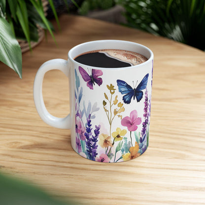 Watercolor Butterfly Garden Mug | 15oz Ceramic Coffee Cup, Nature Lover Gift