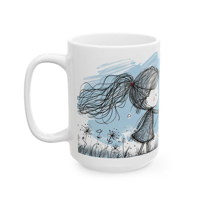 ColorFlow Ceramic Mug | Whimsical Girl Art, 15oz Coffee Cup