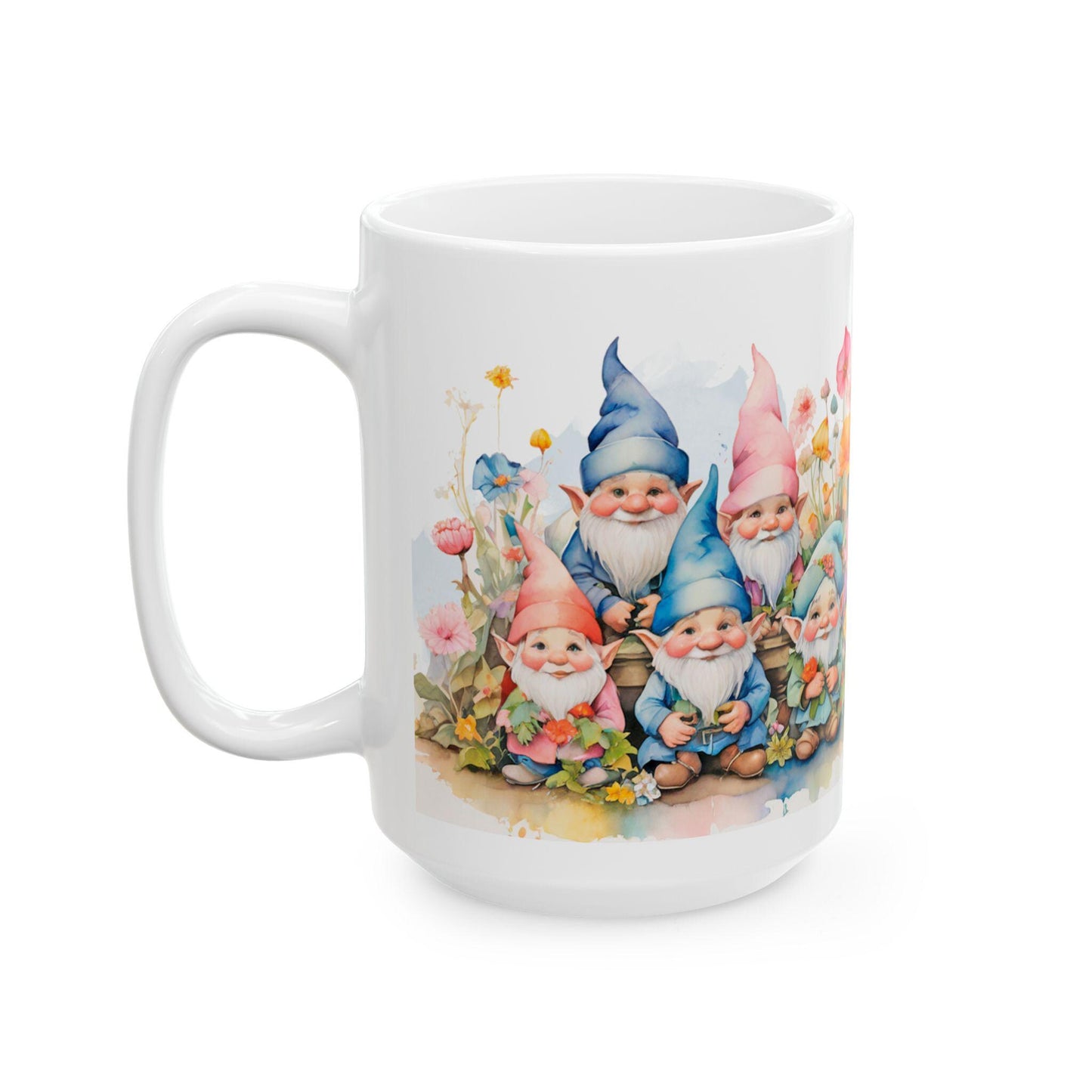 Garden Gnome Mug | Whimsical Floral Ceramic Coffee Cup | 15oz Capacity