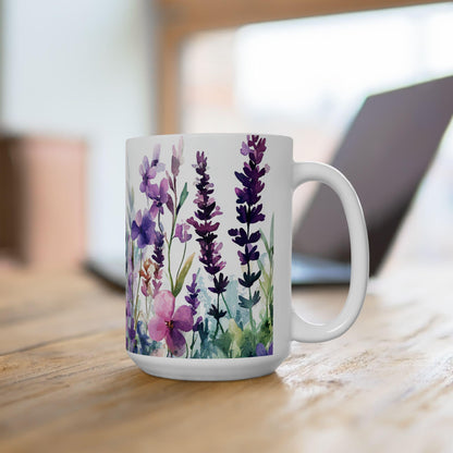 Watercolor Butterfly Garden Mug | 15oz Ceramic Coffee Cup, Nature Lover Gift