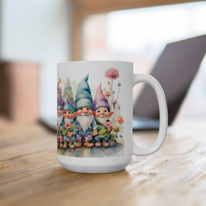 Garden Gnome Mug | Whimsical Floral Ceramic Coffee Cup | 15oz Capacity