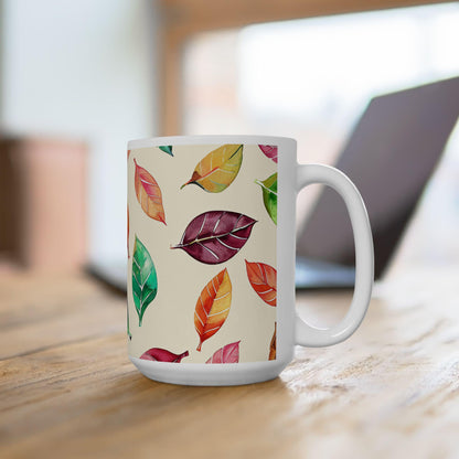 Watercolor Autumn Leaves Mug | 15oz Ceramic Coffee Cup (Seasonal Gift)