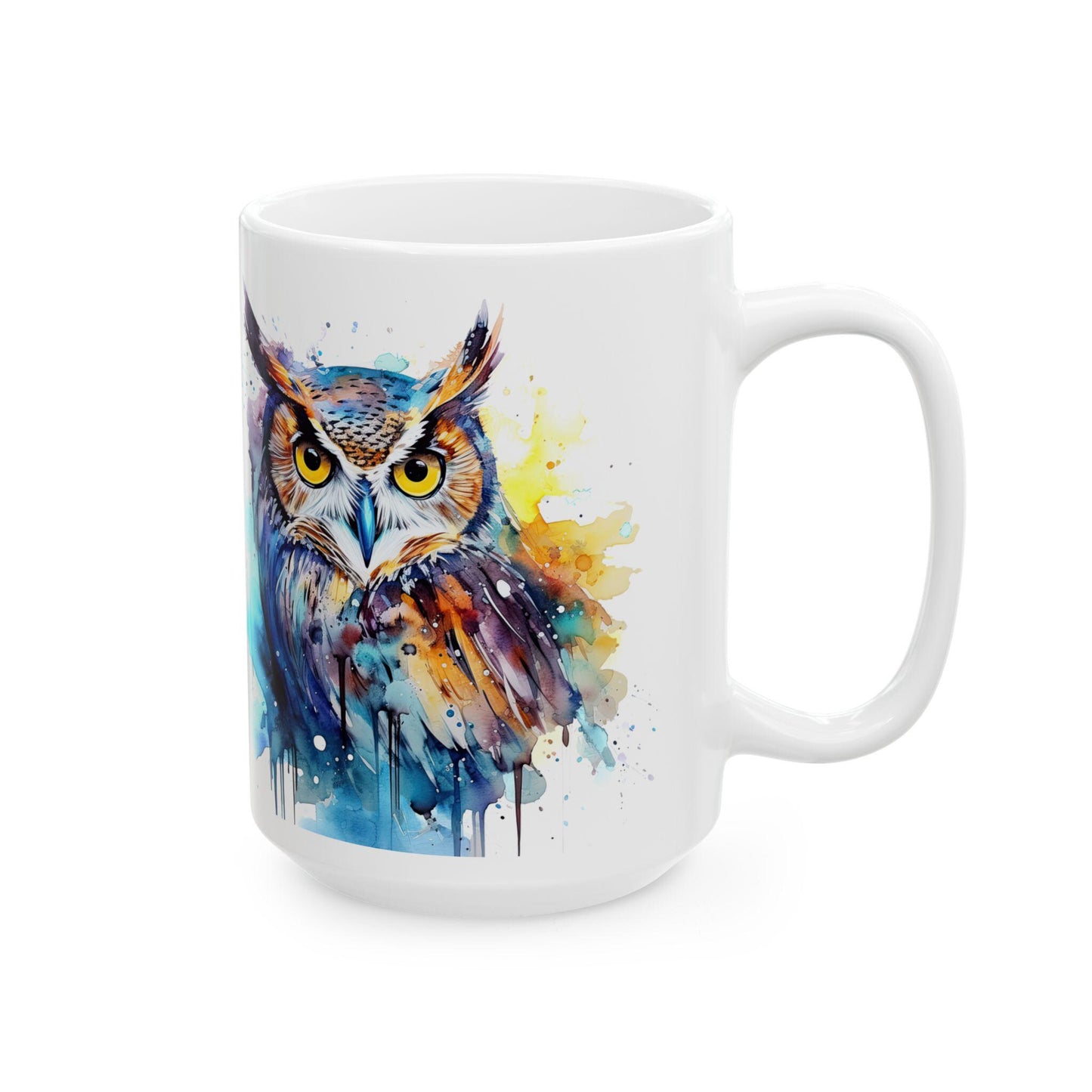 Watercolor Owl Mug | Vibrant Abstract Ceramic Coffee Cup (15 oz)