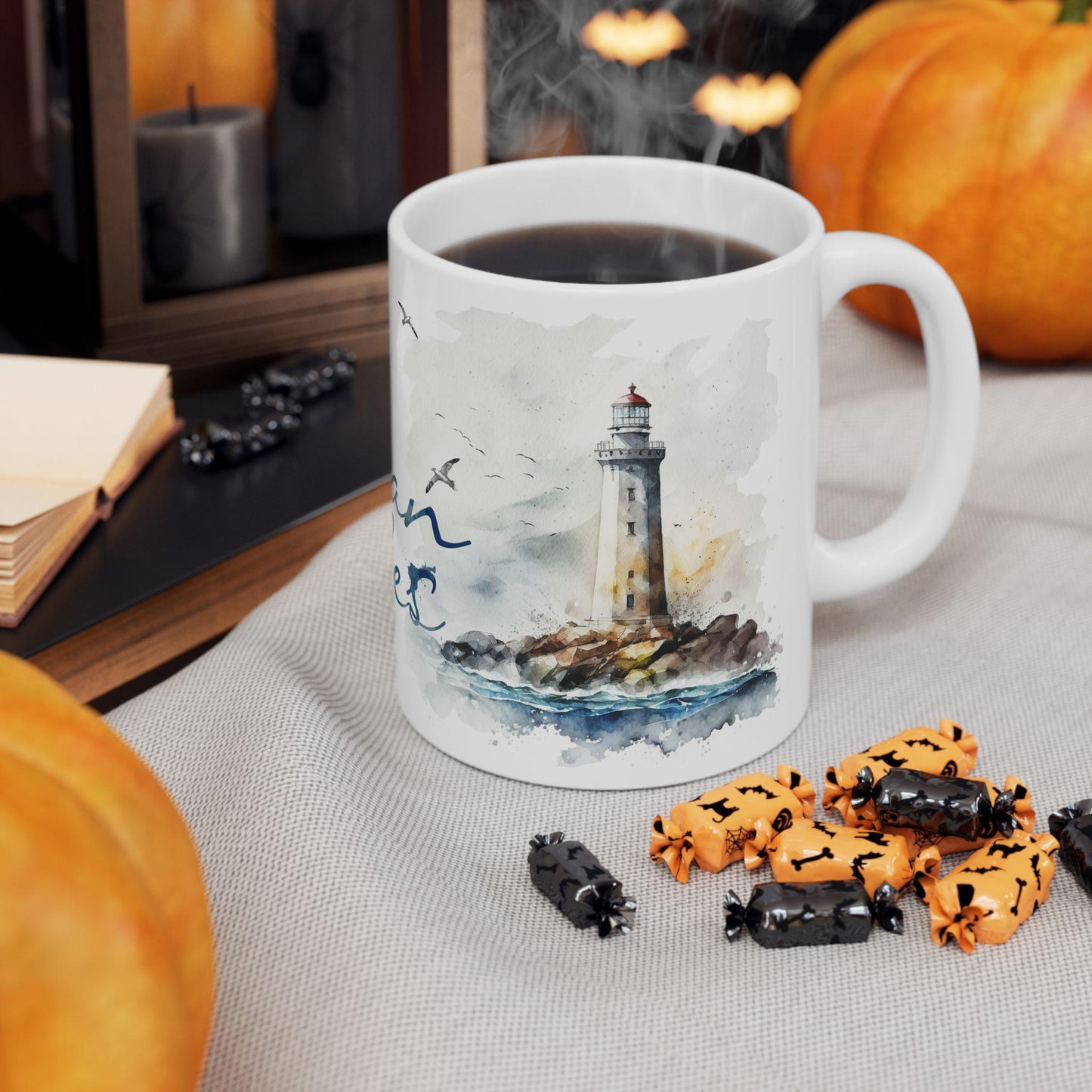 Ocean Vibes Watercolor Anchor Lighthouse Mug | Coastal Nautical Coffee Cup