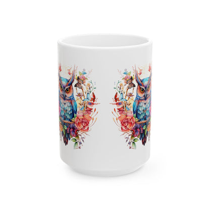 Mystic Owl Ceramic Mug | Vibrant Floral Coffee Cup (15 oz)