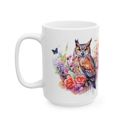 Serene Owl Floral Ceramic Mug | Artistic 15oz Coffee Cup for Nature Lovers
