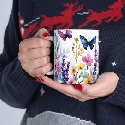 Watercolor Butterfly Garden Mug | 15oz Ceramic Coffee Cup, Nature Lover Gift