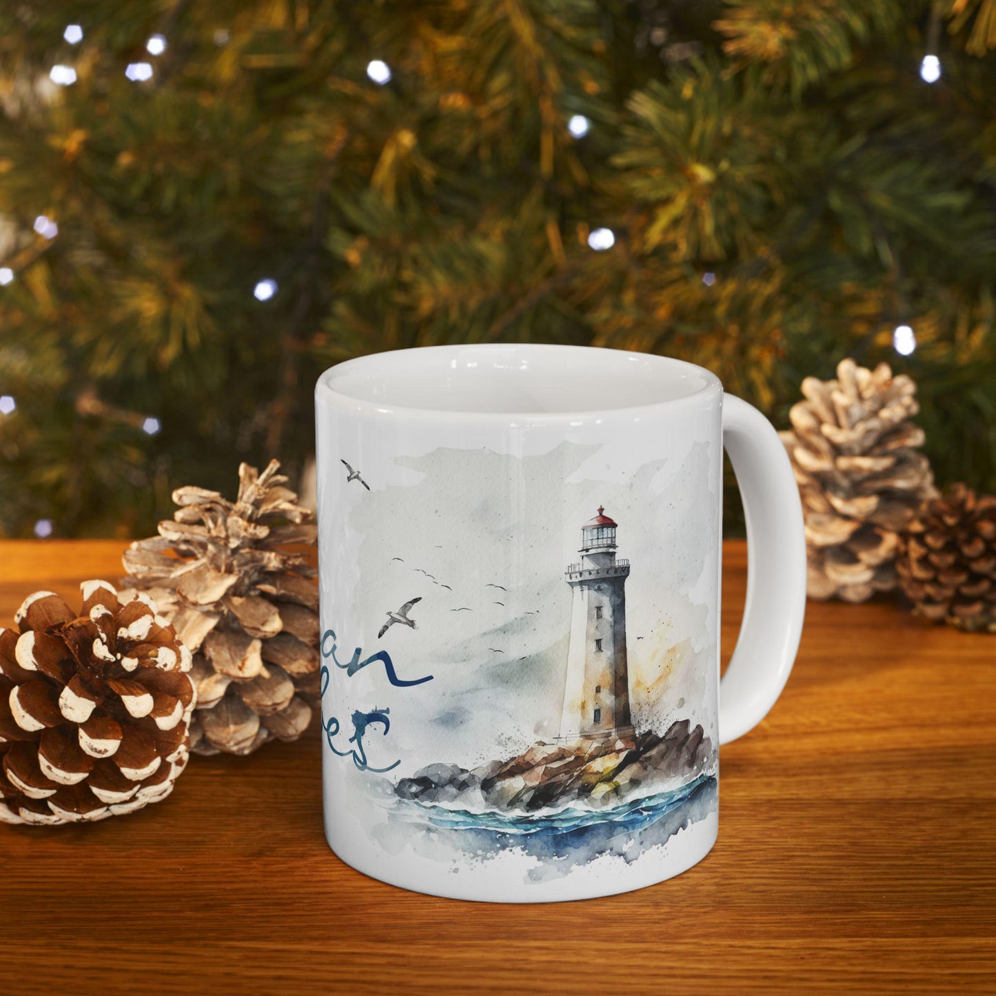 Ocean Vibes Watercolor Anchor Lighthouse Mug | Coastal Nautical Coffee Cup