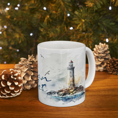 Ocean Vibes Watercolor Anchor Lighthouse Mug | Coastal Nautical Coffee Cup