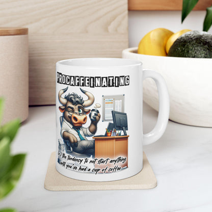 Procaffeinating Bull Coffee Mug | Funny Office Humor Cup (15 oz)