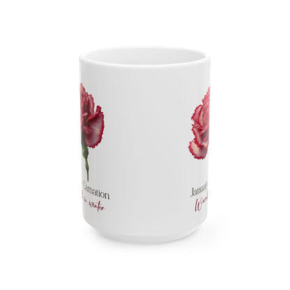 January Carnation Mug | Floral Winter Botanical 15oz Coffee Cup