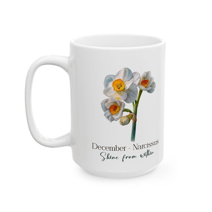 December Narcissus Floral Mug | 15oz Ceramic Coffee Cup | Winter Nature Drinkware
