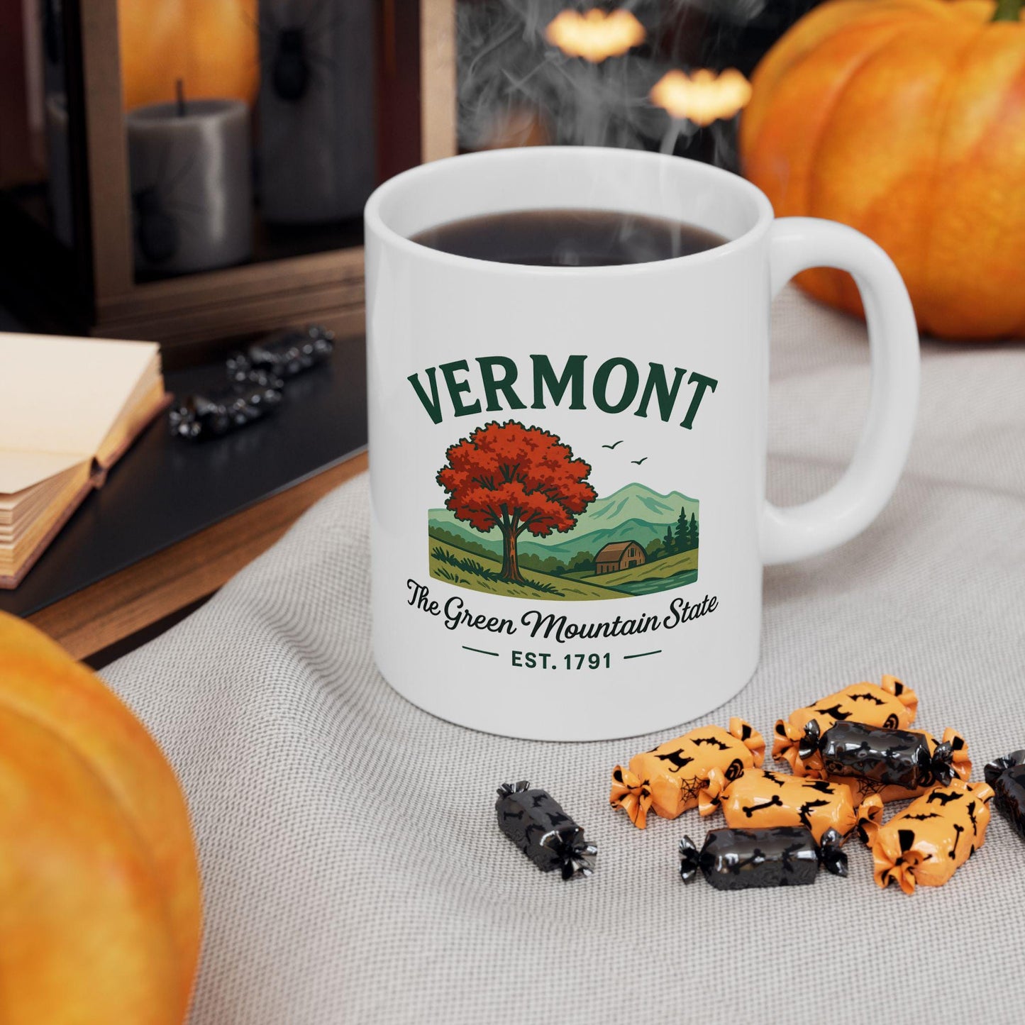 Vermont Green Mountain State Ceramic Mug | Autumn Landscape Coffee Cup (15 oz)