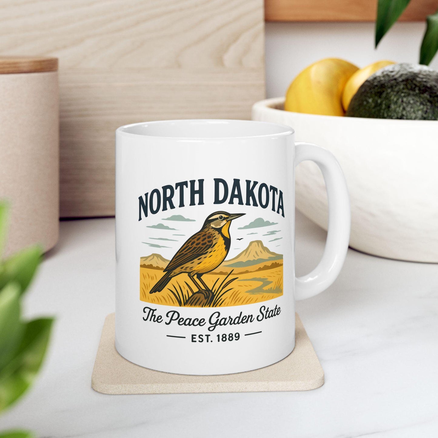 North Dakota Peace Garden State Mug | Western Meadowlark Coffee Cup (15oz Ceramic)