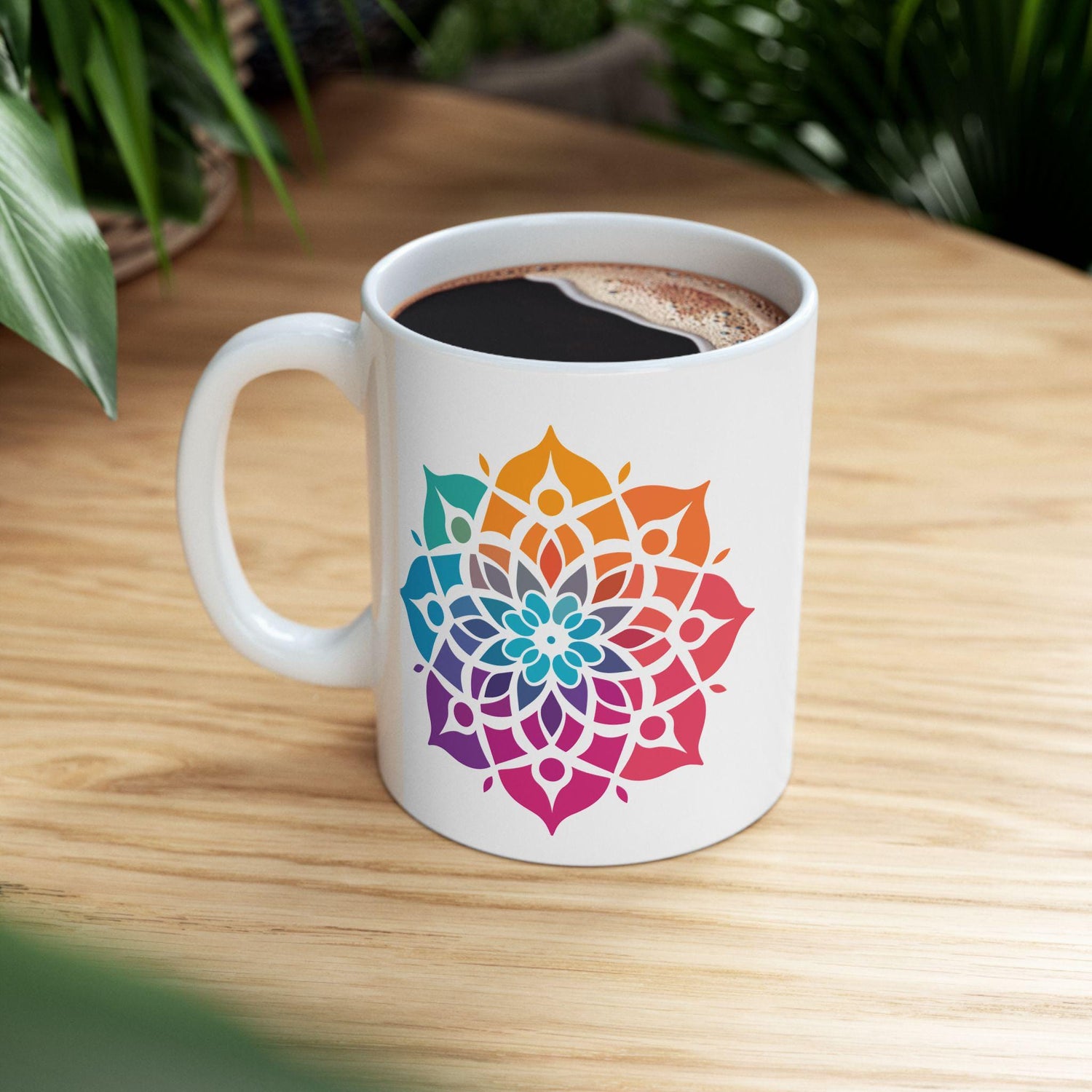 Radiant Spectrum Mandala Ceramic Mug | 15oz Rainbow Boho Coffee Cup