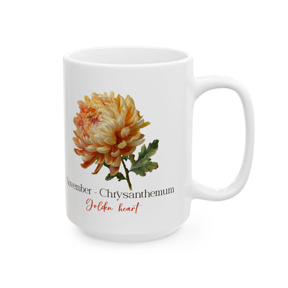 November Chrysanthemum Mug | Golden Heart Floral Coffee Cup | 15oz Ceramic Drinkware