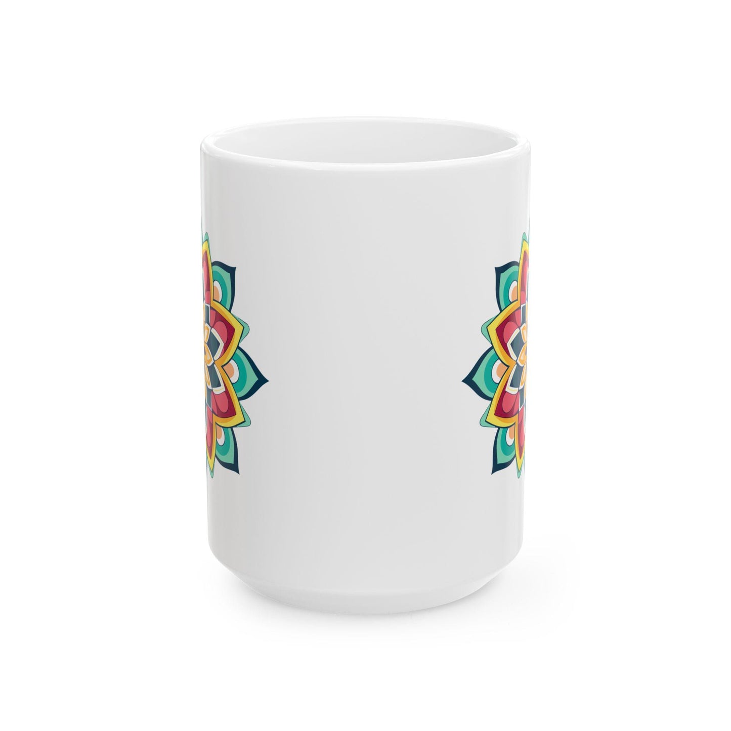 ColorFlow Mandala Ceramic Mug | 15oz Boho Coffee Cup, Vibrant Art (Dishwasher Safe)