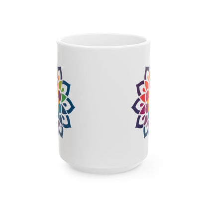 Vibrant Mandala Ceramic Mug | 15oz Coffee Cup | Rainbow Floral Art (Dishwasher Safe)