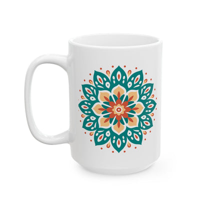 Mandala Ceramic Mug | Teal Terracotta Earth Essence Coffee Cup (15oz)