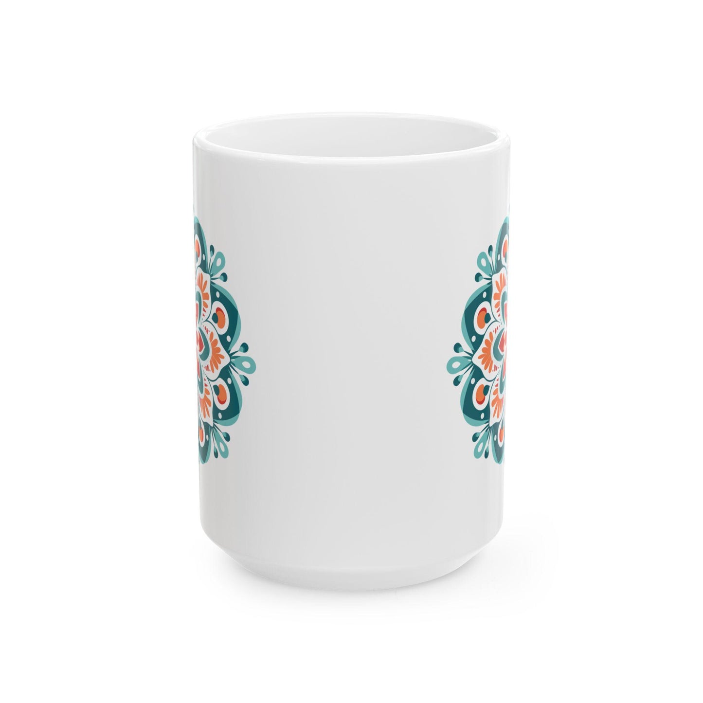 Boho Sunrise Mandala Ceramic Mug | Teal Orange Art Coffee Cup