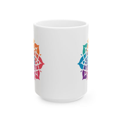 Radiant Spectrum Mandala Ceramic Mug | 15oz Rainbow Boho Coffee Cup