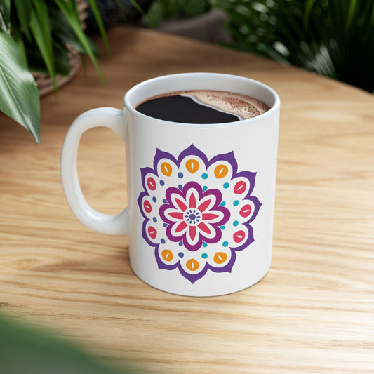 Radiant Bloom Mandala Ceramic Mug | 15oz Colorful Floral Art Coffee Cup