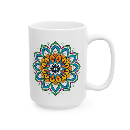 Golden Bloom Mandala Ceramic Mug | Colorful Boho Art Coffee Cup (15 oz)