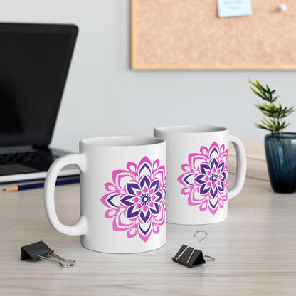 Pink Lotus Mandala Ceramic Mug | 15oz Coffee Cup | Feminine Floral Art