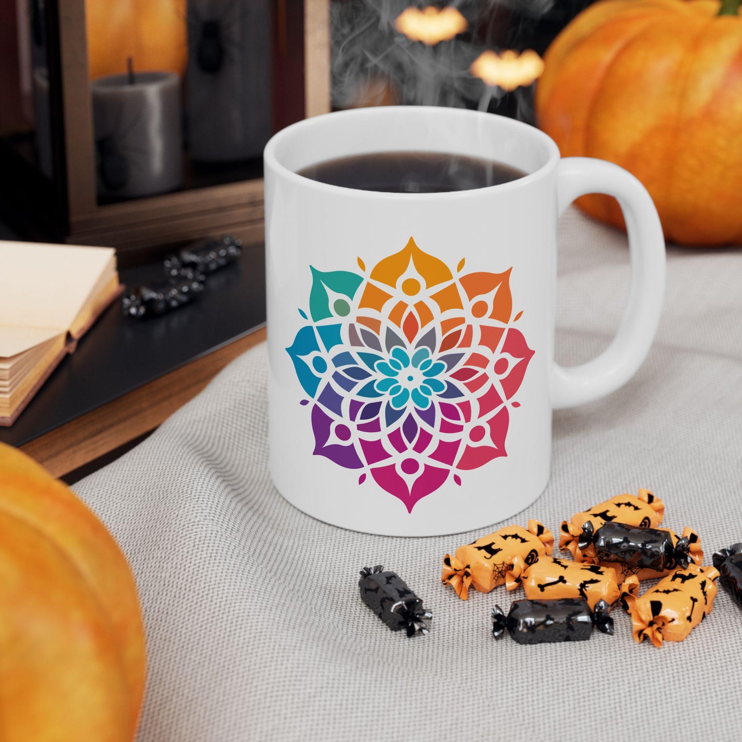 Radiant Spectrum Mandala Ceramic Mug | 15oz Rainbow Boho Coffee Cup