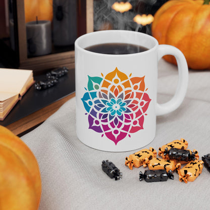 Radiant Spectrum Mandala Ceramic Mug | 15oz Rainbow Boho Coffee Cup