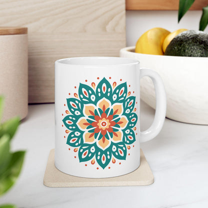 Mandala Ceramic Mug | Teal Terracotta Earth Essence Coffee Cup (15oz)