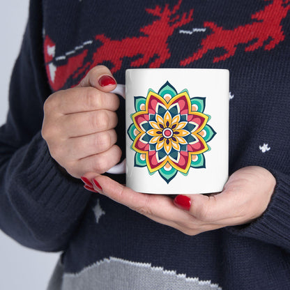 ColorFlow Mandala Ceramic Mug | 15oz Boho Coffee Cup, Vibrant Art (Dishwasher Safe)