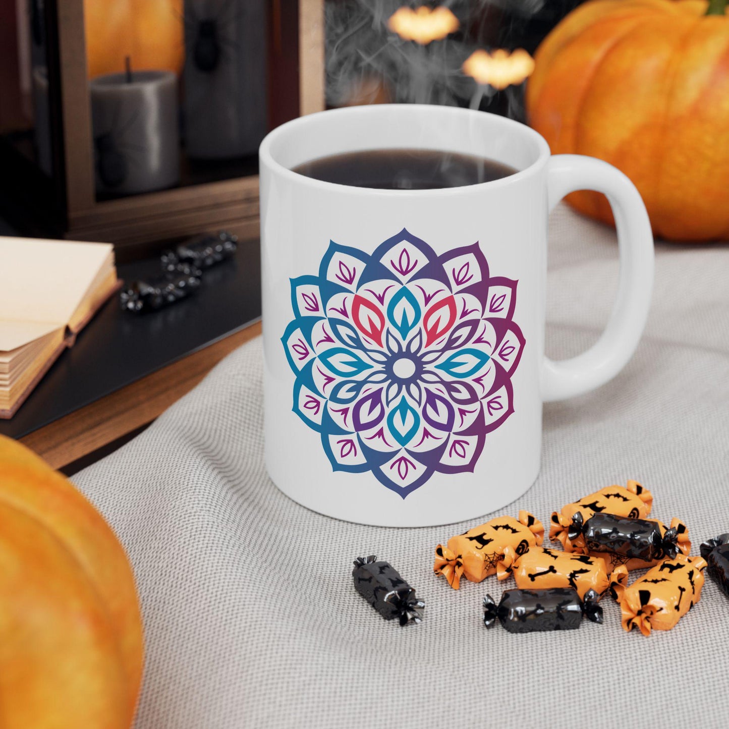 Mystic Aura Mandala Ceramic Mug | Blue Purple Boho Coffee Cup