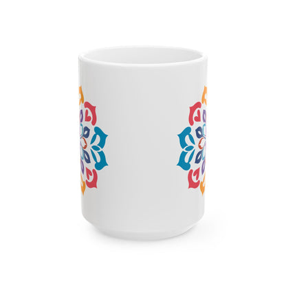 Vibrant Mandala Art Ceramic Mug | 15oz Coffee Cup | Colorful Artistic Design