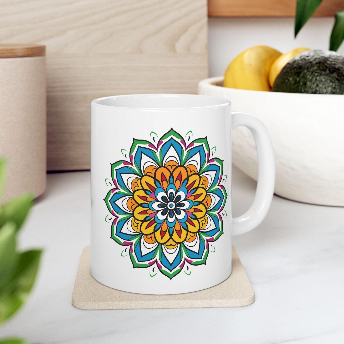 Golden Bloom Mandala Ceramic Mug | Colorful Boho Art Coffee Cup (15 oz)