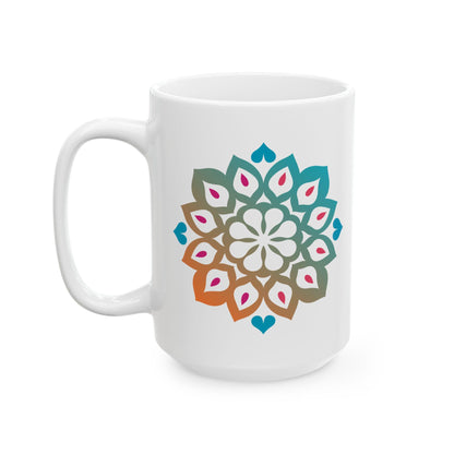 ColorFlow Mandala Ceramic Mug | 15oz Teal Orange Art Coffee Cup