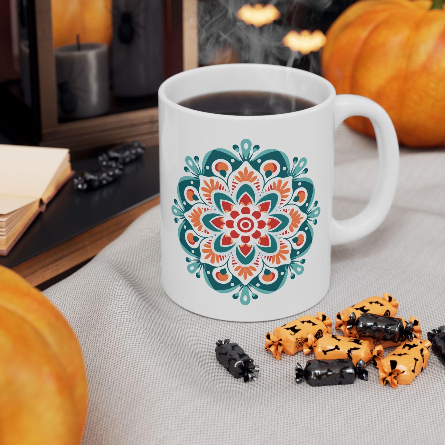 Boho Sunrise Mandala Ceramic Mug | Teal Orange Art Coffee Cup