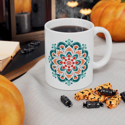 Boho Sunrise Mandala Ceramic Mug | Teal Orange Art Coffee Cup