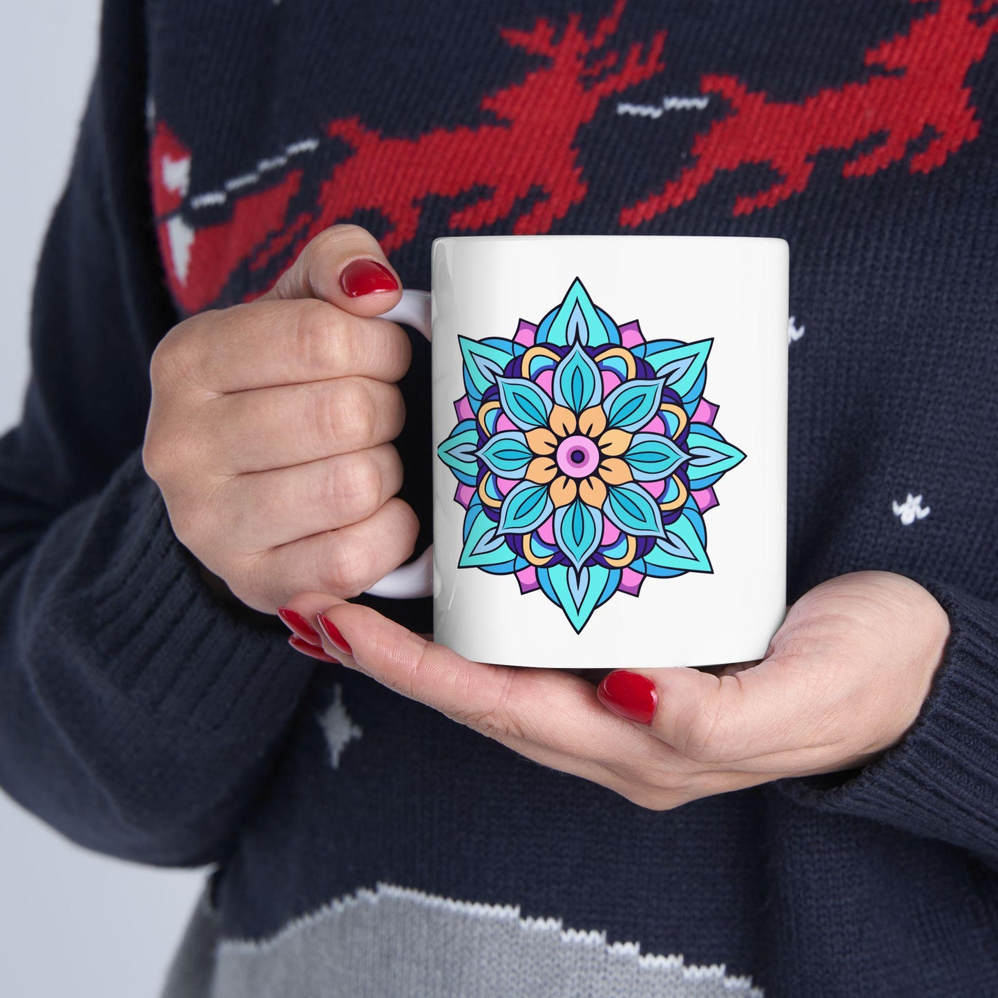 ColorFlow Ceramic Mug | Arctic Bloom Mandala Art Coffee Cup (15 oz)