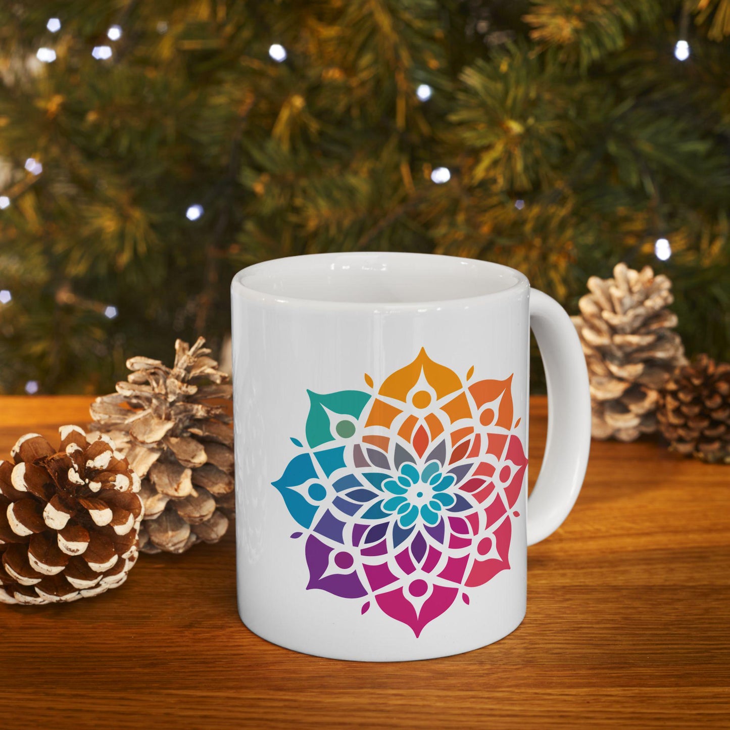 Radiant Spectrum Mandala Ceramic Mug | 15oz Rainbow Boho Coffee Cup