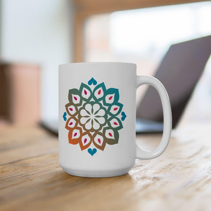 ColorFlow Mandala Ceramic Mug | 15oz Teal Orange Art Coffee Cup