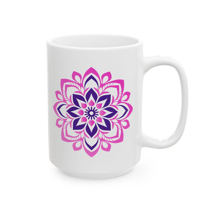 Pink Lotus Mandala Ceramic Mug | 15oz Coffee Cup | Feminine Floral Art