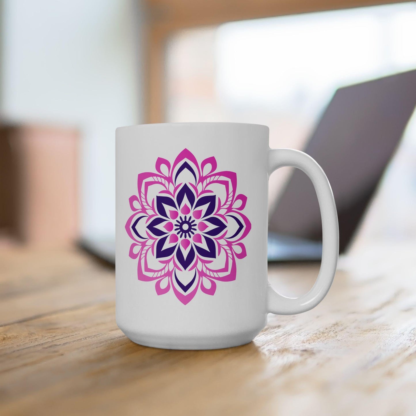 Pink Lotus Mandala Ceramic Mug | 15oz Coffee Cup | Feminine Floral Art