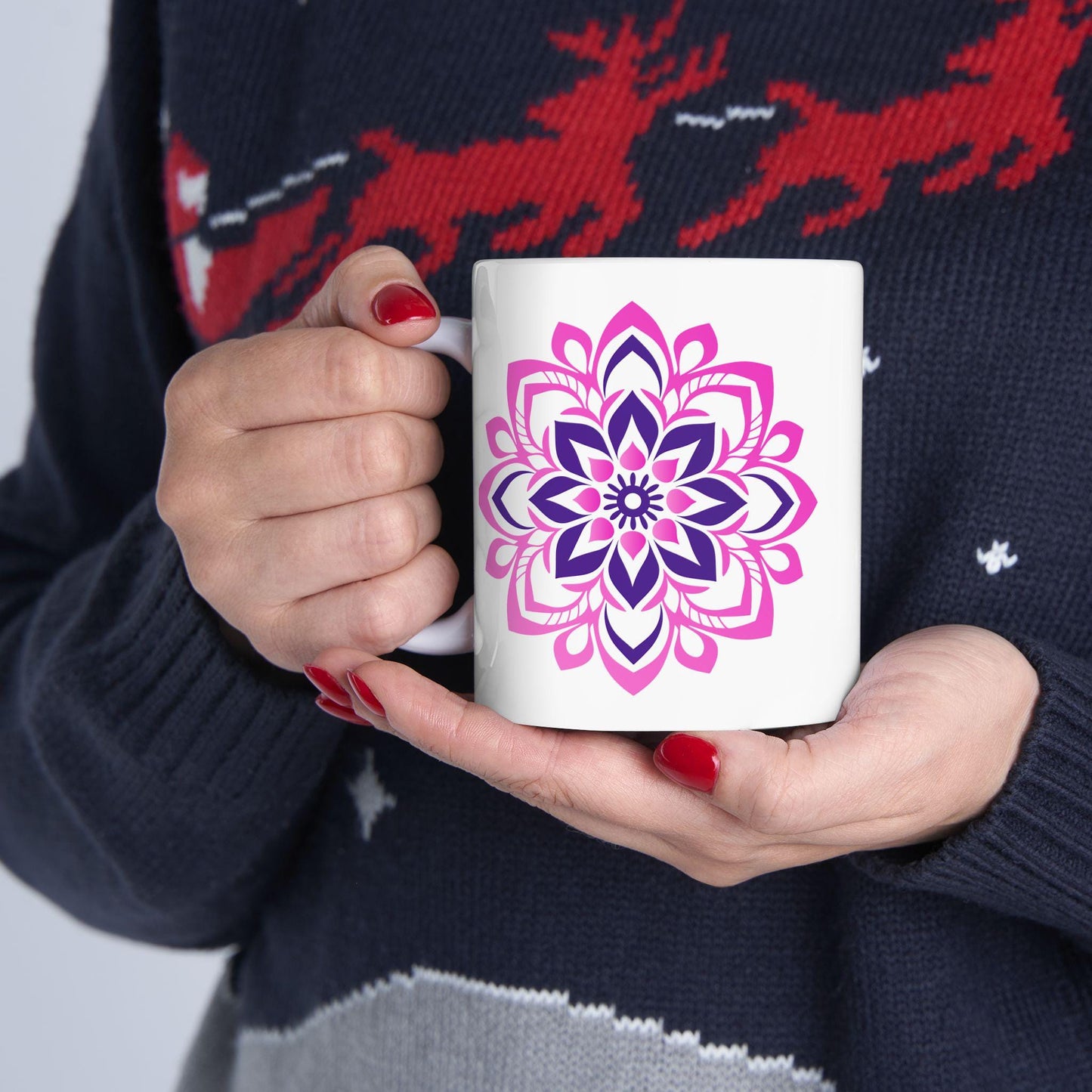 Pink Lotus Mandala Ceramic Mug | 15oz Coffee Cup | Feminine Floral Art