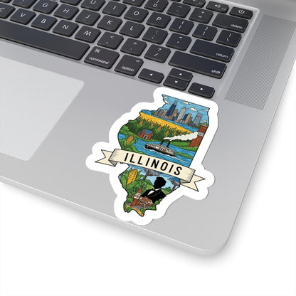 Illinois State Vinyl Sticker | Chicago Skyline, Cornfields, Riverboat Art (Waterproof)