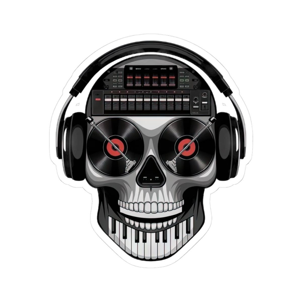 DJ Skull Sticker | Turntable Eyes, Piano Teeth, Headphones (Waterproof Vinyl)