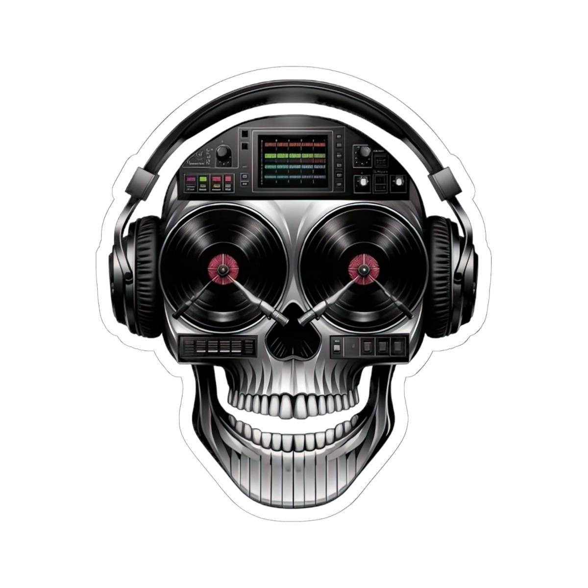 DJ Skull Sticker | Turntables, Headphones, Techno Music Vinyl Decal (Waterproof)