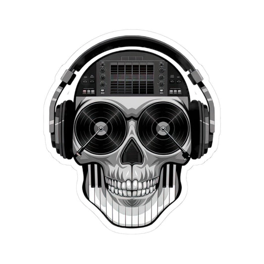 DJ Skull Sticker | Grayscale Vinyl Decal with Headphones, Records, Piano Keys
