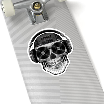 DJ Skull Sticker | Grayscale Vinyl Decal with Headphones, Records, Piano Keys